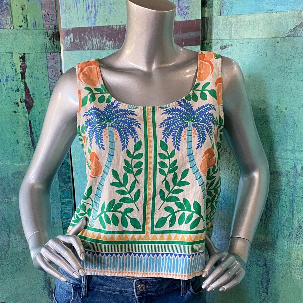 C&C California Mediterranean Vibrant Palm Print Linen Crop Top